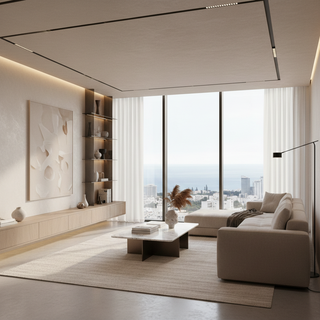 Warm minimalist living room with sea views and considered natural materials