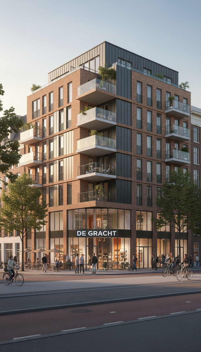 Slender contemporary residential tower with timber-toned balconies