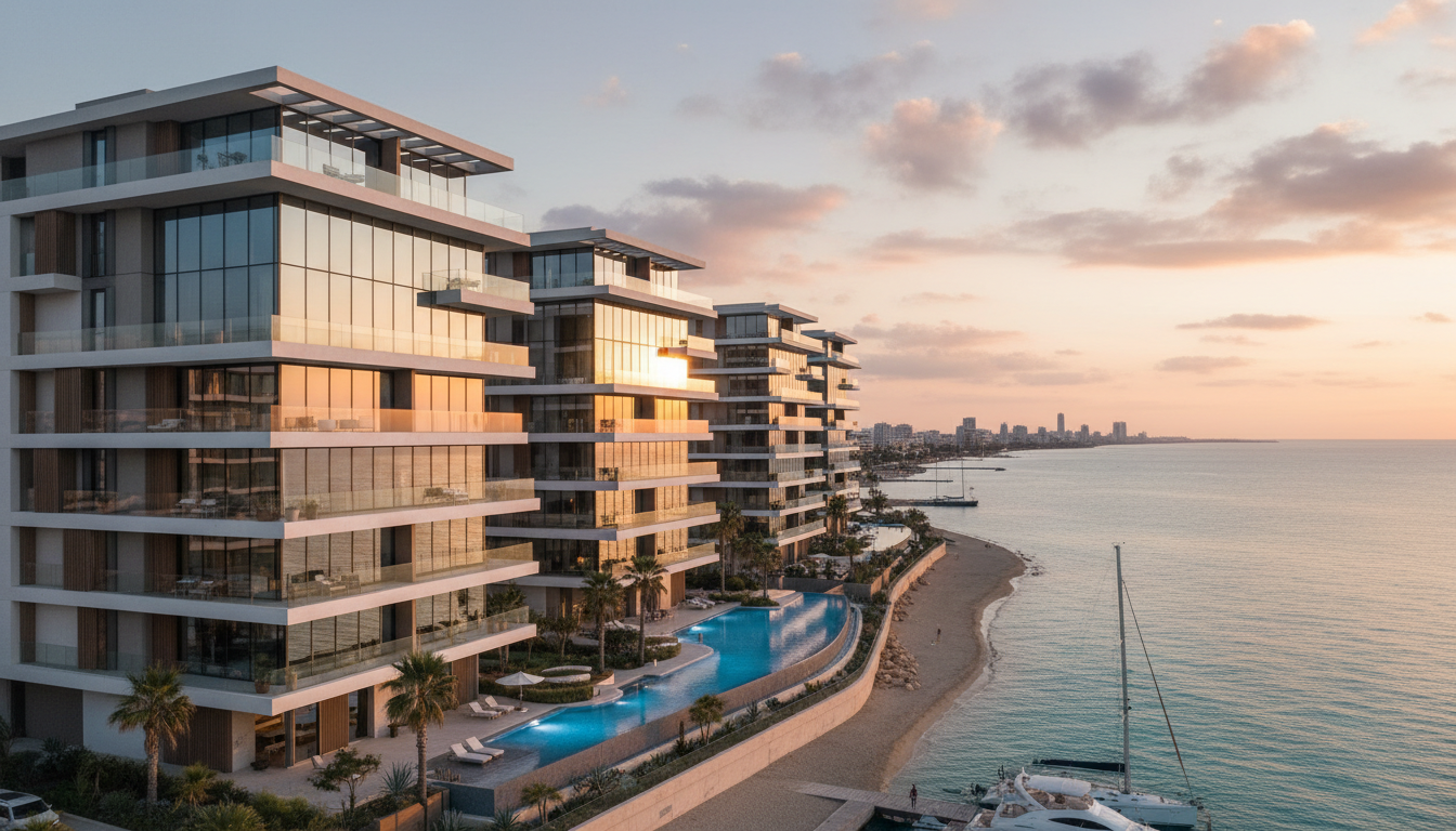 Contemporary waterfront residential development along the Limassol coastline at dusk