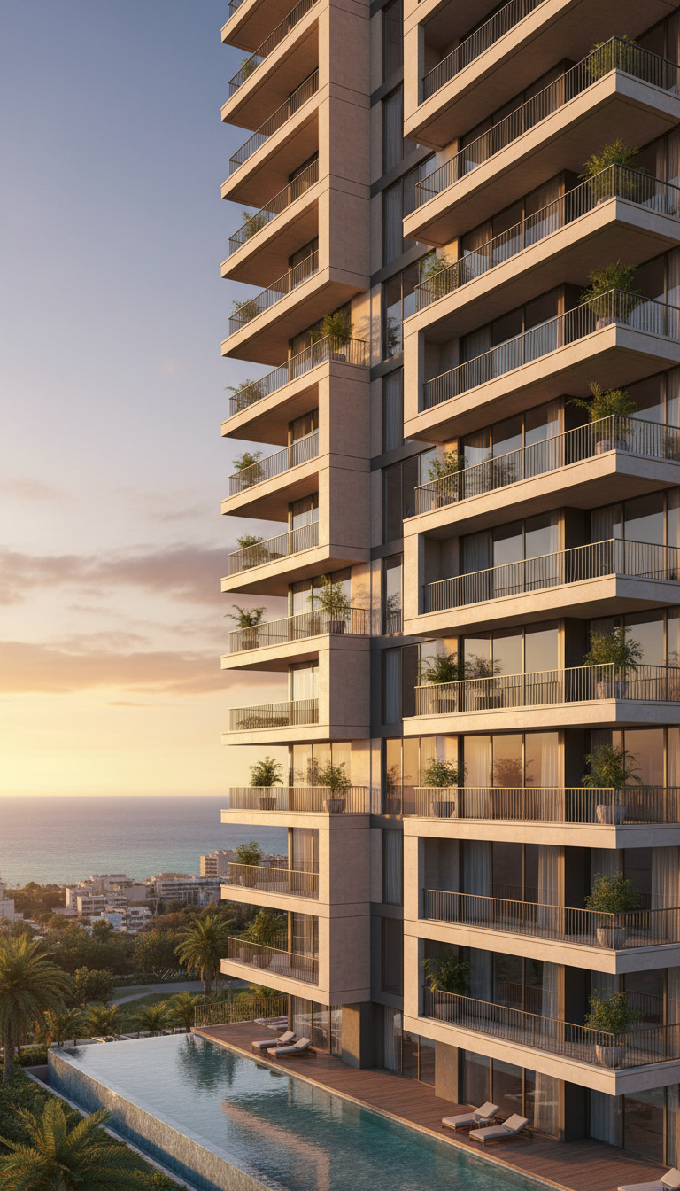 Slender residential tower with deep planted balconies above the coastline