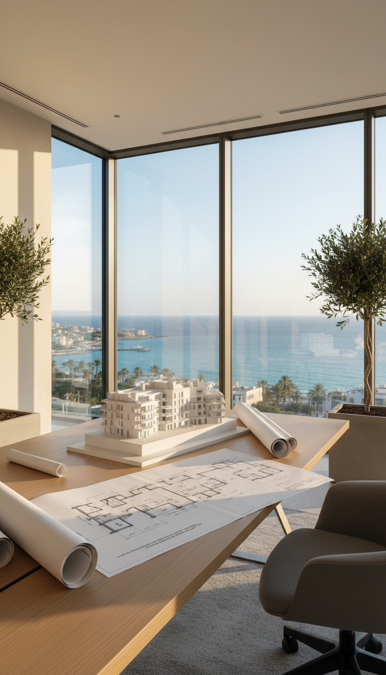 Sunlit interior with sea views, architectural drawings on a table, and warm timber tones