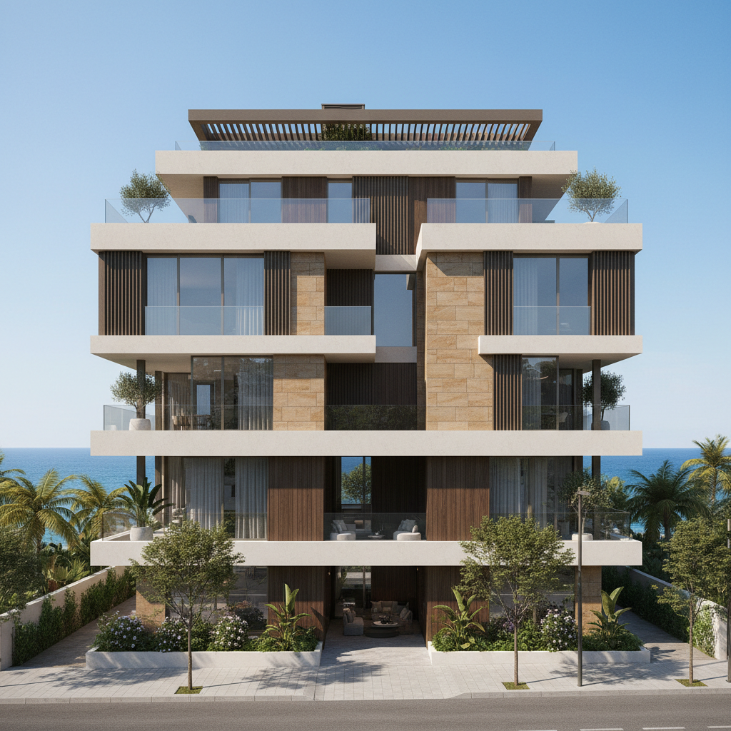 Contemporary apartment facade with layered balconies overlooking the sea