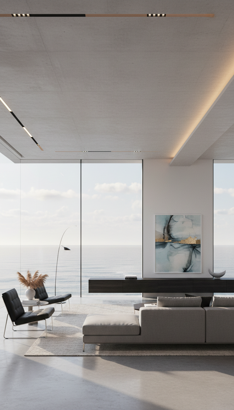 Serene modern interior corridor with sculptural furniture and abundant natural light