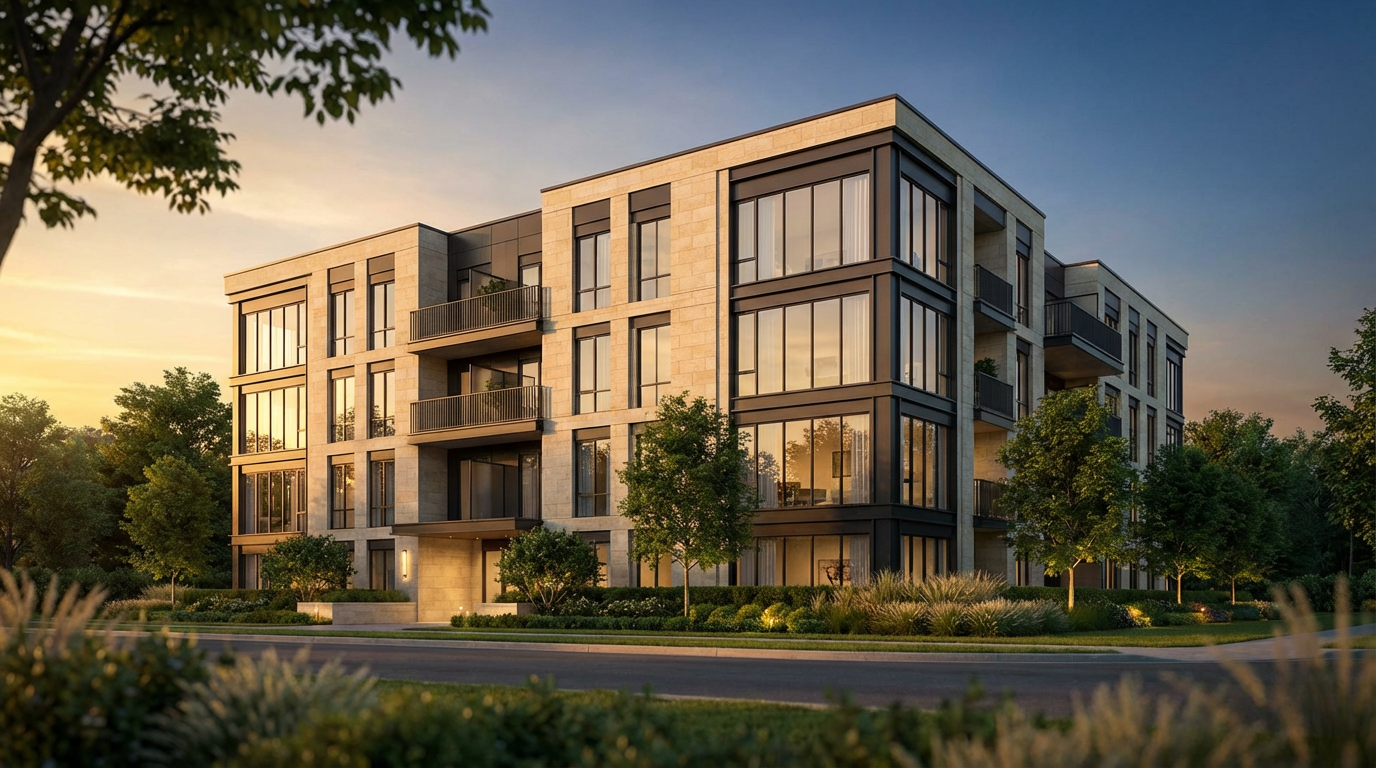 Mid-rise residential building with warm timber accents set among trees at dusk