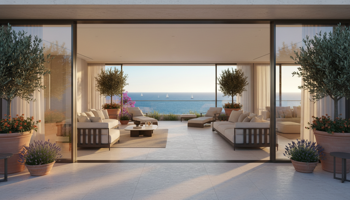 Refined contemporary living space with sea views and a calm, considered material palette