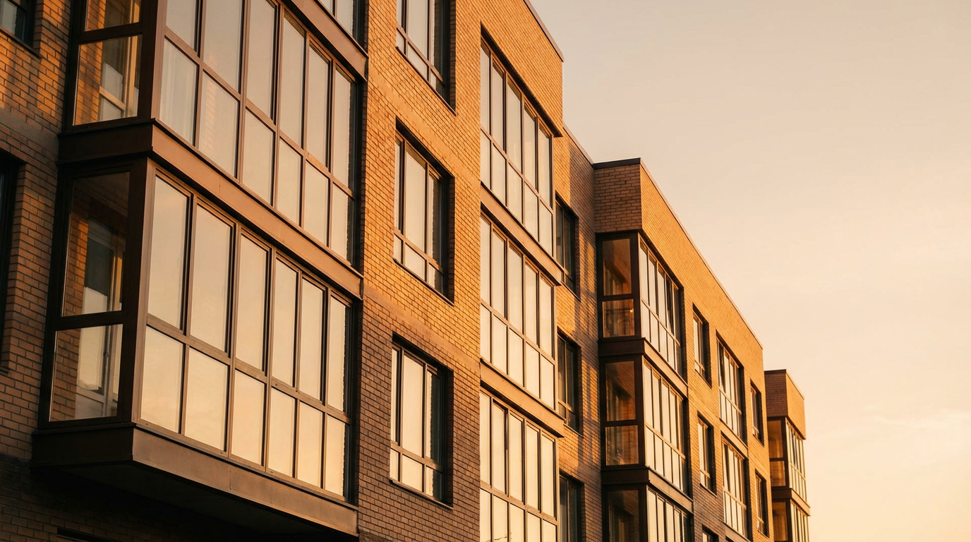 Detail of a contemporary architectural facade in warm evening light