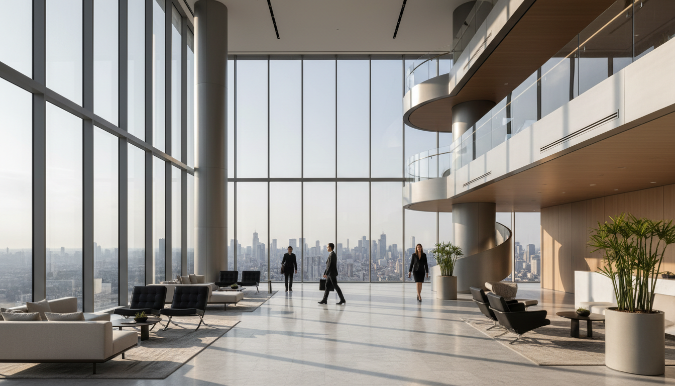 Refined penthouse interior with floor-to-ceiling glazing overlooking the coastline