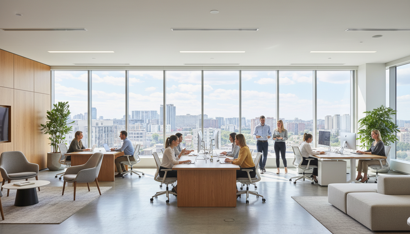 Design and project team collaborating in a bright studio overlooking the city