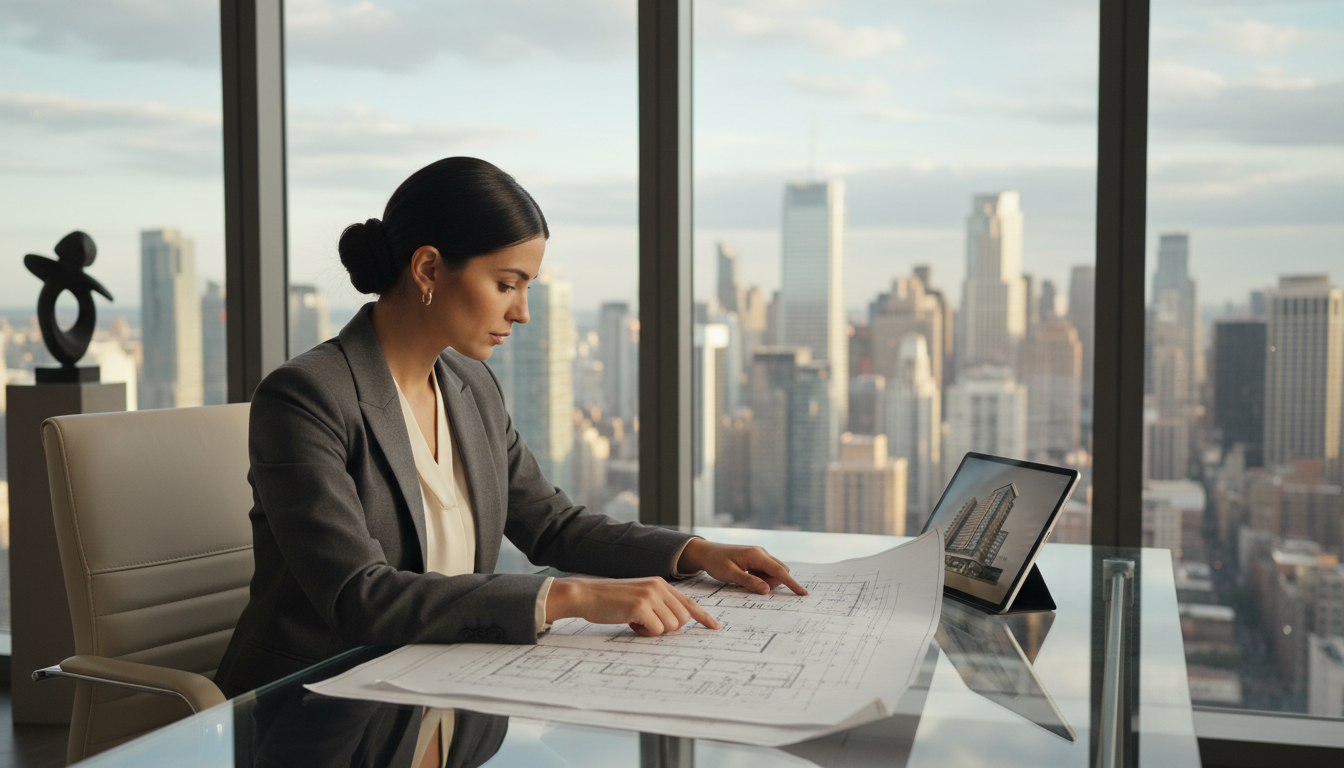 A professional reviewing architectural plans at a desk with a city view behind