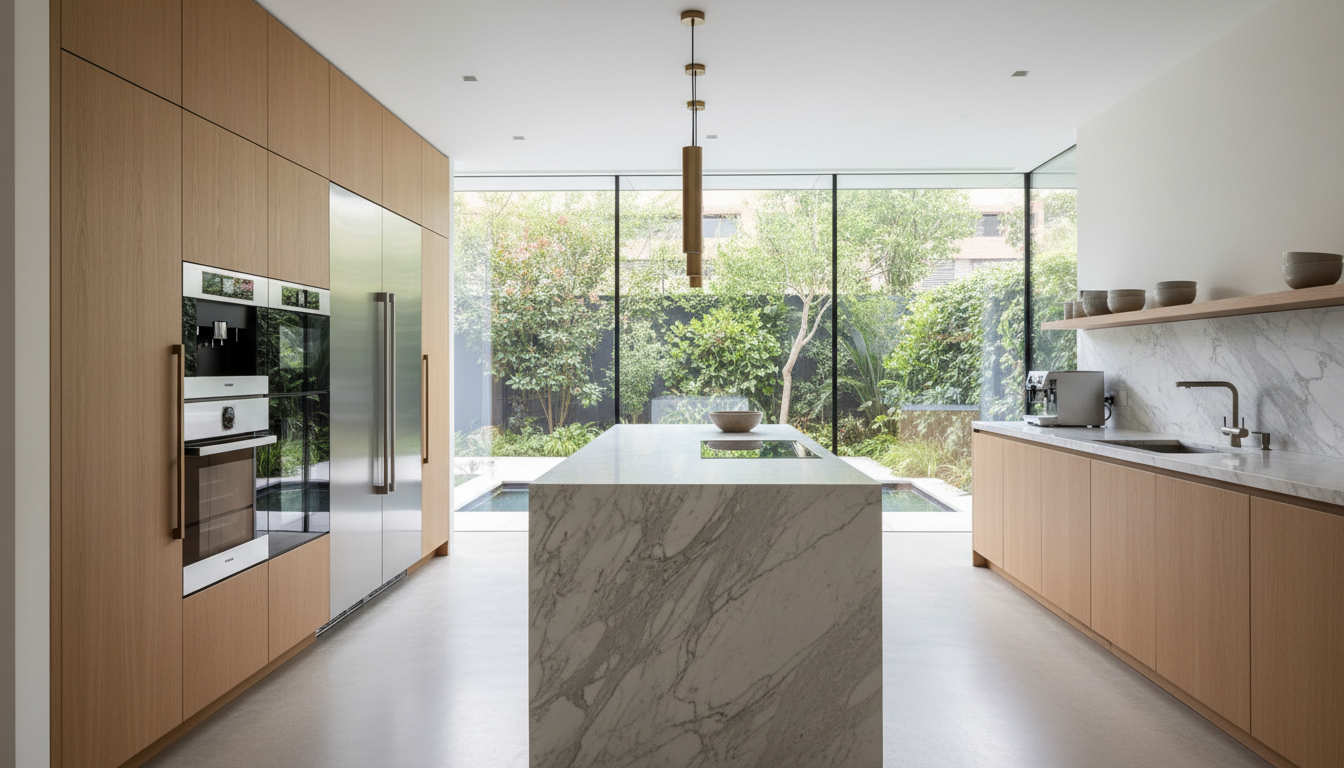 Minimal stone-and-timber kitchen opening onto a planted courtyard