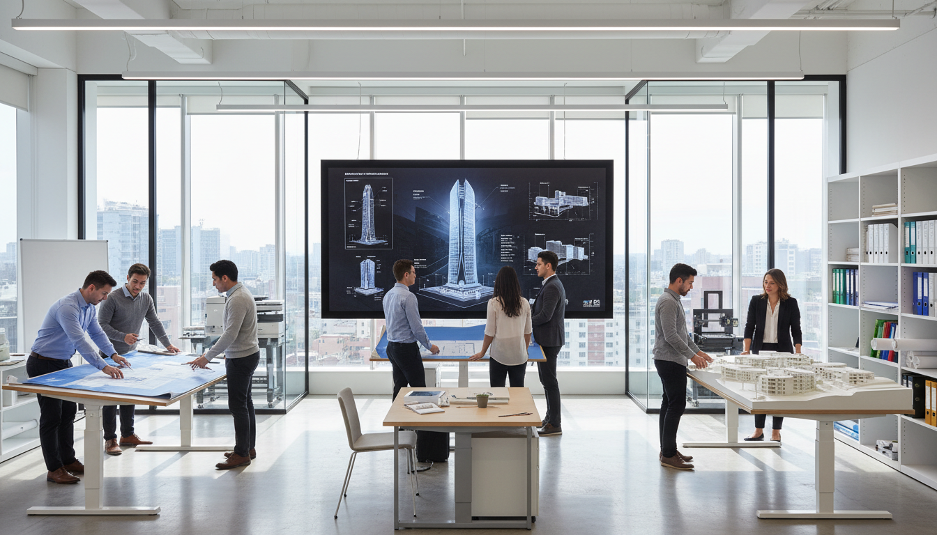 Project team presenting a development concept on screen in a coastal office