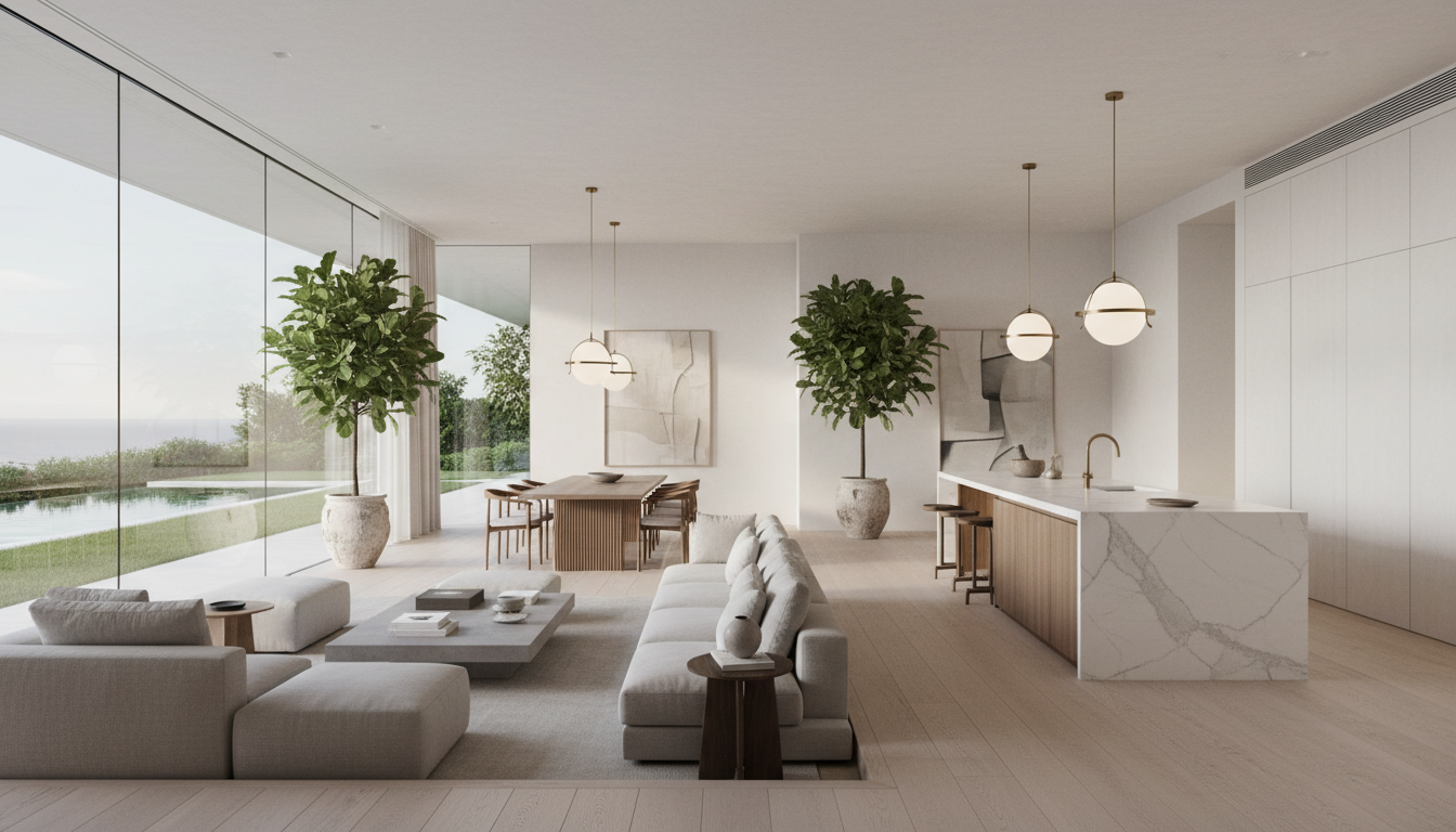 Quiet, softly lit Mediterranean interior with sea light and minimal furnishings