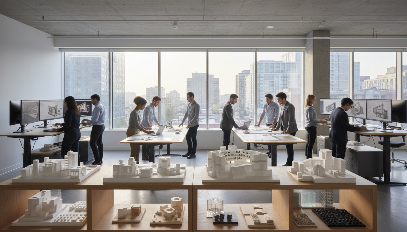 Team reviewing physical architectural models during a design review