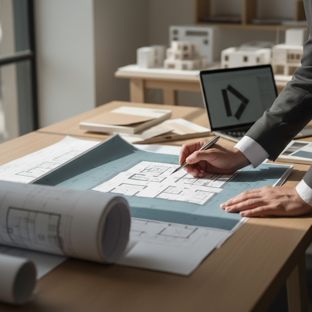 Close-up of hands reviewing floor plans beside a physical architectural model